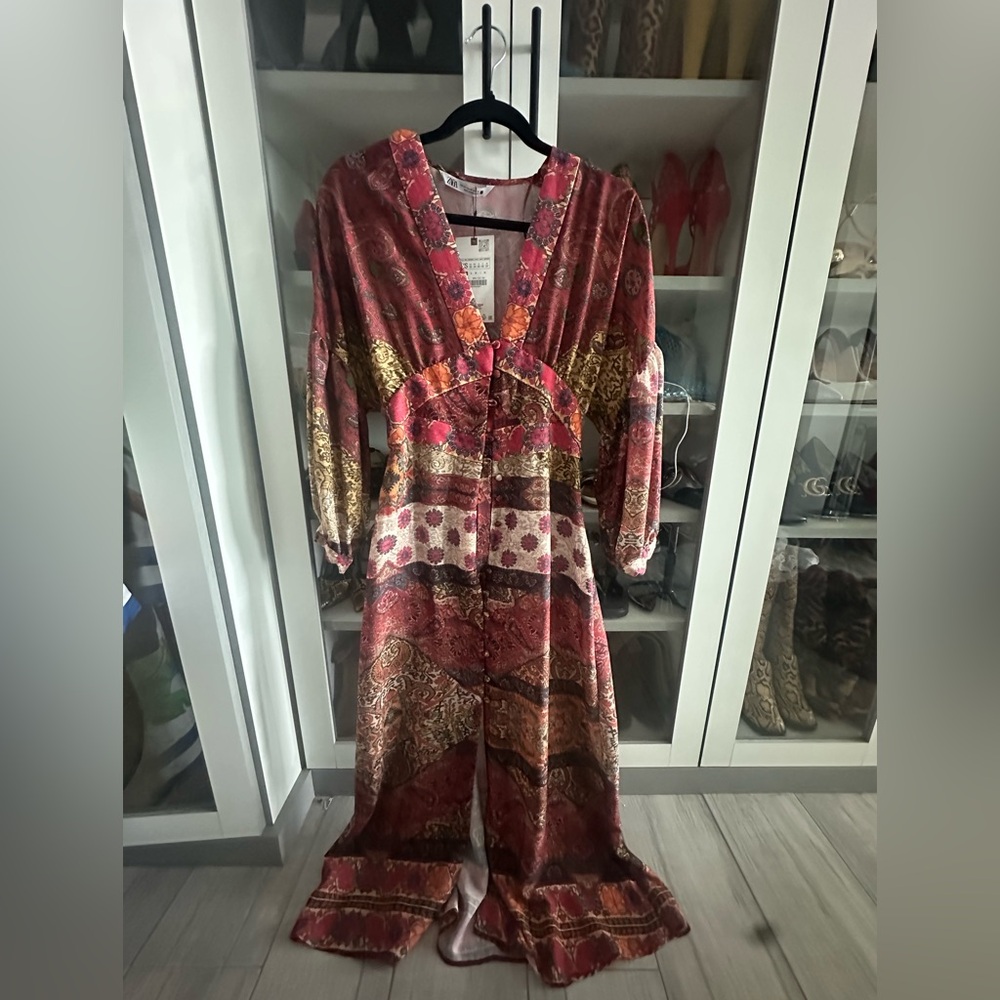ZARA PATCHWORK PRINT BALLOON SLEEVES MIDI DRESS size XS Bohemian Maxi Dress - Picture 4 of 10